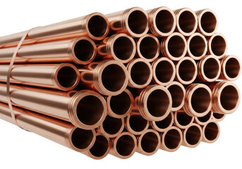 tightly stacked, ultra-polished industrial copper pipes showing mirror-like reflectivity and geometric bores, head-on studio macro shot against a transparent background. concept of precise high-value