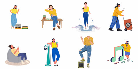 Fototapeta premium Collection of diverse women enjoying music, listening with earphones and smartphones in various relaxed and active settings, showcasing modern audio lifestyle.