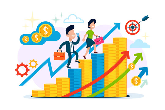 Two individuals walking on set of bars representing rising trends. Man carrying phone, while woman carrying bags. Symbols of money, targets, and gears surrounding them, indicating business