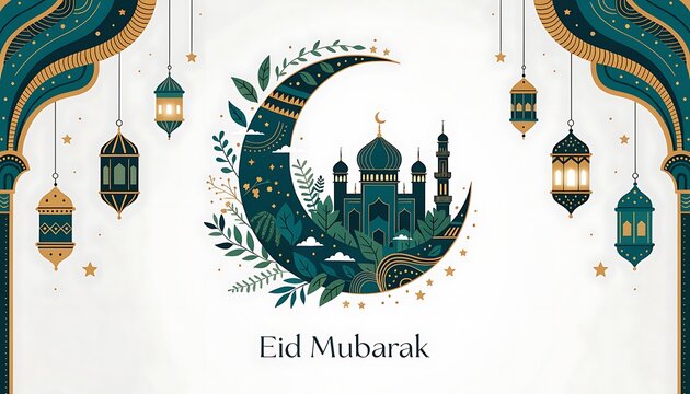 Decorative Eid Mubarak Graphic with Crescent Moon, Mosque Silhouette, Lanterns, and Floral Elements