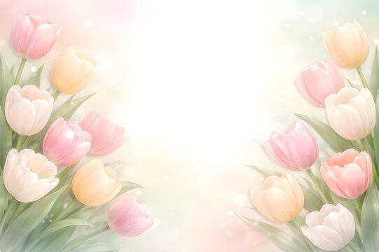 Soft pastel tulip floral background with copy space, spring romantic banner