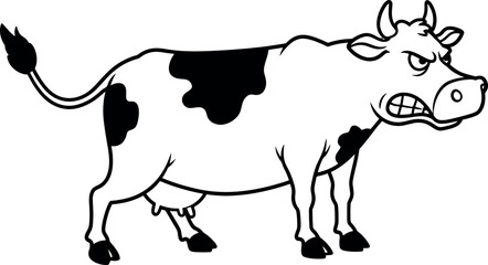 Obraz premium Cartoon Angry Cow Illustration in Black and White Simple Style for Kids