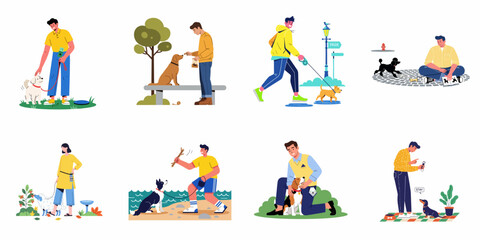 Fototapeta premium Diverse people enjoying various daily activities with their beloved dogs, illustrating pet care, training, playtime, and affectionate companionship in different settings.