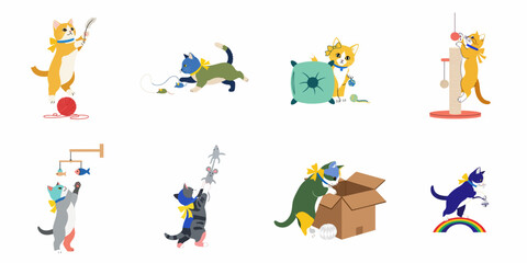 A vibrant collection of playful cartoon cats enjoying various toys and activities.