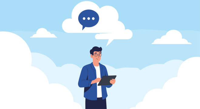 Young man using a digital tablet while standing among fluffy white clouds with a thought bubble above him representing innovation.