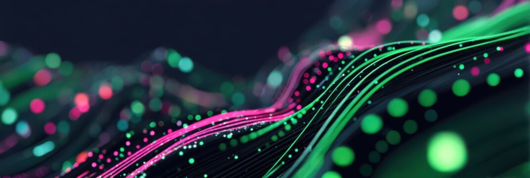 Abstract digital waves with glowing green and pink dots on a dark background, representing futuristic technology and data flow.