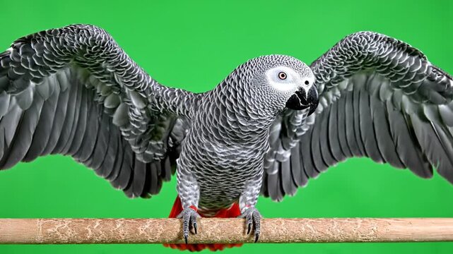 An African Grey Parrot with its wings fully spread, perched on a wooden dowel against a vibrant green background.