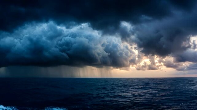 Dramatic storm clouds over ocean at sunset
