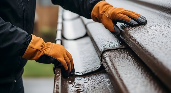 Person in orange gloves performing maintenance on a wet residential rain gutter, ensuring proper drainage and home care