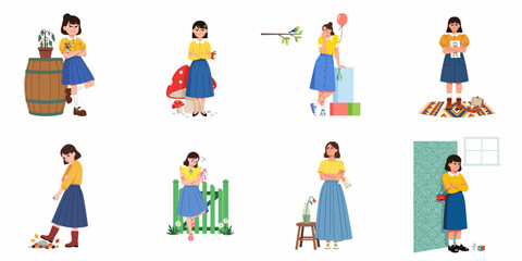 Naklejka premium Collection of vector illustrations depicting a young woman's various negative emotions, including anger, frustration, and sulking.