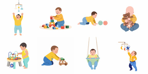 Fototapeta premium Happy and cute babies playing, crawling, and exploring with toys, illustrating various stages of early childhood development.