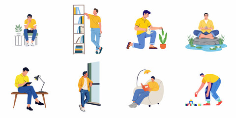 Fototapeta premium Man engaged in diverse leisure, learning, and self-care activities at home: reading, meditating, gardening, and creative play.