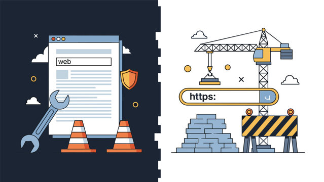 Website under construction and security concept featuring a crane building a secure URL and a wrench fixing a webpage.