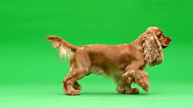 Joyful cocker spaniel dog walking gracefully on a vibrant green background