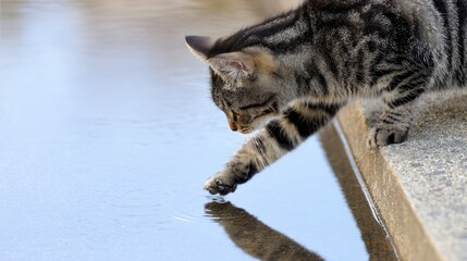 hesitant. Cat hesitantly reaching a paw toward a puddle with a reflected sky. wildlife magazines, conservation campaigns, designed for nature documentaries and education.
