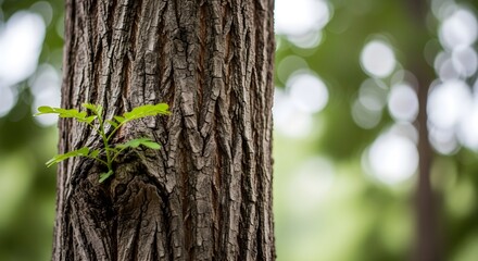 Obraz premium Textured bark of an ancient tree showcasing fresh green sprouts, a beautiful representation of life's renewal and growth in natural woodland