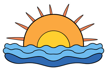 Fototapeta premium A vibrant vector graphic of a sun rising over calm ocean waves in a flat design style