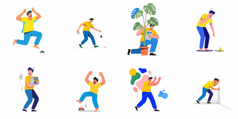 Fototapeta premium Illustrations of a man experiencing everyday fears, phobias, clumsiness, and panic reactions to various common mishaps and stressful situations.