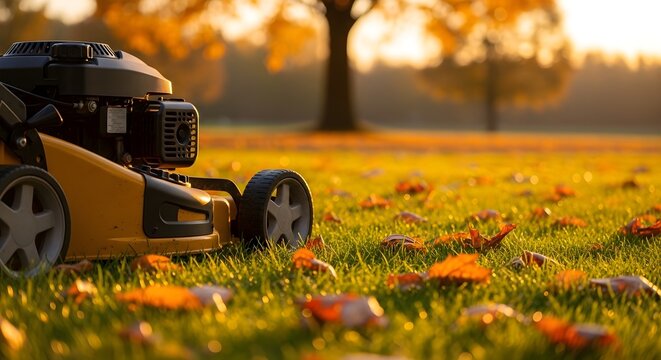 Golden autumn sunlight illuminates a bright yellow lawnmower resting on a carpet of green grass and scattered fallen leaves, evoking the essence of seasonal yard maintenance and crisp fall days