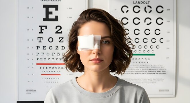 A young woman with a protective eye patch stands calmly before vision test charts, symbolizing the journey of eye care, medical examination, and visual well-being