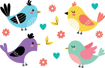 Naklejka premium Cute Colorful Birds Collection with Flowers and Hearts Cartoon Flat Vector Illustration Set