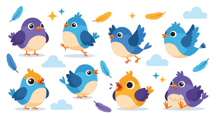 Fototapeta premium A charming collection of cute, cartoon-style birds in various colors and poses, set against a light background with decorative feathers and stars.