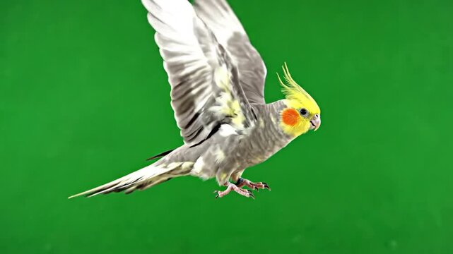 A beautiful grey and yellow cockatiel parrot flying with wings spread against a vibrant green background.