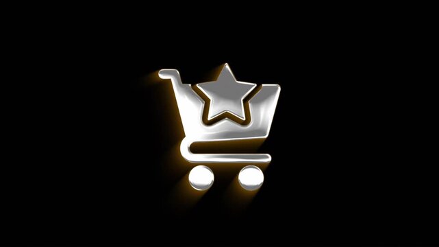 Shopping cart with star icon appearing on black background with light effect