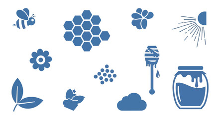Collection of blue icons representing beekeeping, honey production, and related natural elements. © tr