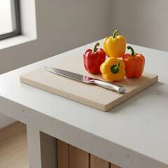 Fresh bell peppers and knife on a wooden cutting board placed on a white kitchen counter with a window in the background view