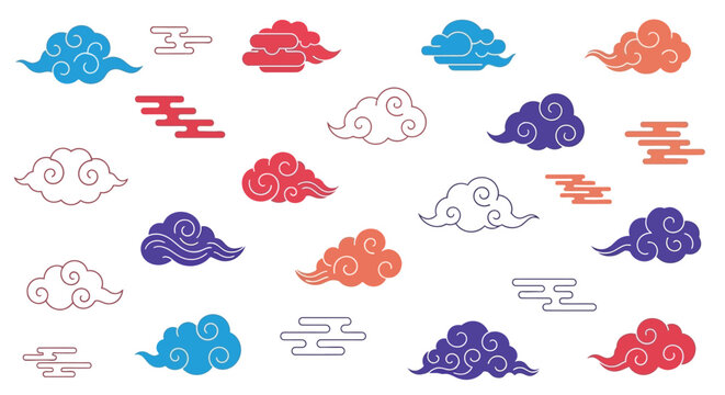 A vibrant collection of traditional East Asian cloud motifs in various colors and styles, symbolizing good fortune and auspiciousness.