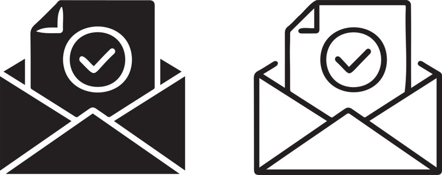 Email message with checkmark icon in solid black and outline styles, isolated on white background