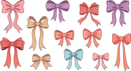Cute Hand Drawn Ribbon Bows Collection with Pastel Colors Decorative Gift and Fashion Elements Flat Vector Illustration Set