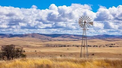 rotating. Tall windmill with rotating blades on a grassy plain under a cloudy blue sky. lifestyle magazines, social media lookbooks, designed for lifestyle magazines and social media content.
