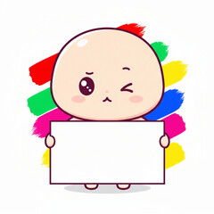 Adorable Winking Cartoon Character Holding Blank Sign with Colorful Paint Strokes