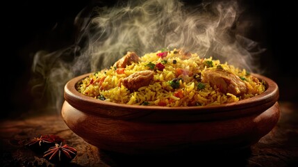 A close-up shot of a flavorful biryani dish served in a traditional earthen pot, capturing the steam from the hot food