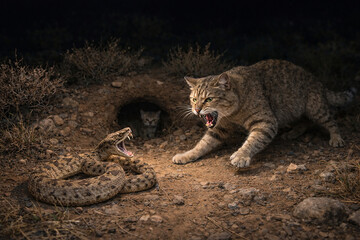 Aggressive Tabby Cat Confronting Rattlesnake at Night in Desert Burrow &ndash; Dramatic Wildlife Scene