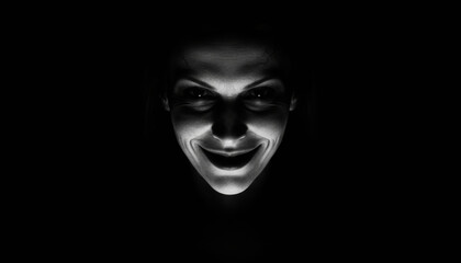 Creepy Smiling Face Emerging From Darkness Horror Portrait