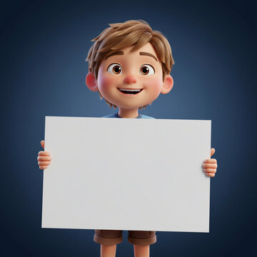 Cheerful 3D Animated Boy Smiling and Holding a Blank White Sign