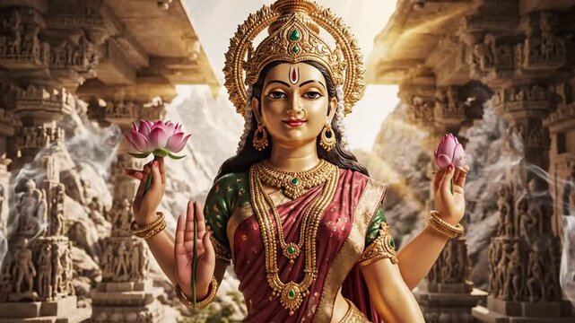 Divine Hindu Goddess with Lotus Flowers in Ancient Temple Setting