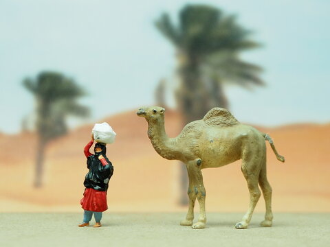 Mini toy of action figure with blurred background. Miniature photography concept design. Minifigure of arabian people and camel character at desert.