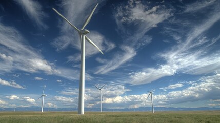 rotating. Tall windmill with rotating blades on a grassy plain under a cloudy blue sky. lifestyle magazines, social media lookbooks, designed for lifestyle magazines and social media content.
