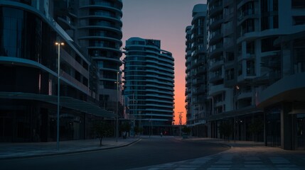 Obraz premium developed. Empty new neighborhood at dusk, street lights on in quiet isolation. lifestyle magazines, social media lookbooks, designed for influencer and brand collaborations, used by food bloggers. 