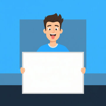 Happy Cartoon Man with Tongue Out Holding a Blank White Sign