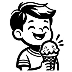 Fototapeta premium Black and White Vector SVG of a Boy Eating Ice Cream