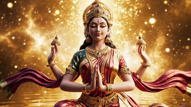 Hindu Goddess Lakshmi on Lotus Flower with Golden Light and Shimmer