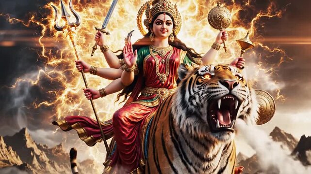 Divine Warrior Durga Maa on Tiger Against Stormy Mountain Sky