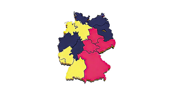 3D Map of Germany with States Highlighted in Black, Yellow, and Red
