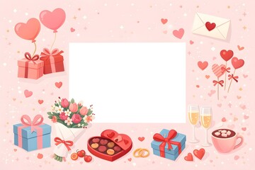 Valentine&rsquo;s Day cute illustration set with gifts, hearts and love elements, romantic festive background with copy space