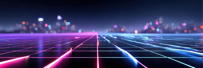 Fototapeta premium Futuristic digital grid with neon lights and glowing particles floating above a dark horizon.